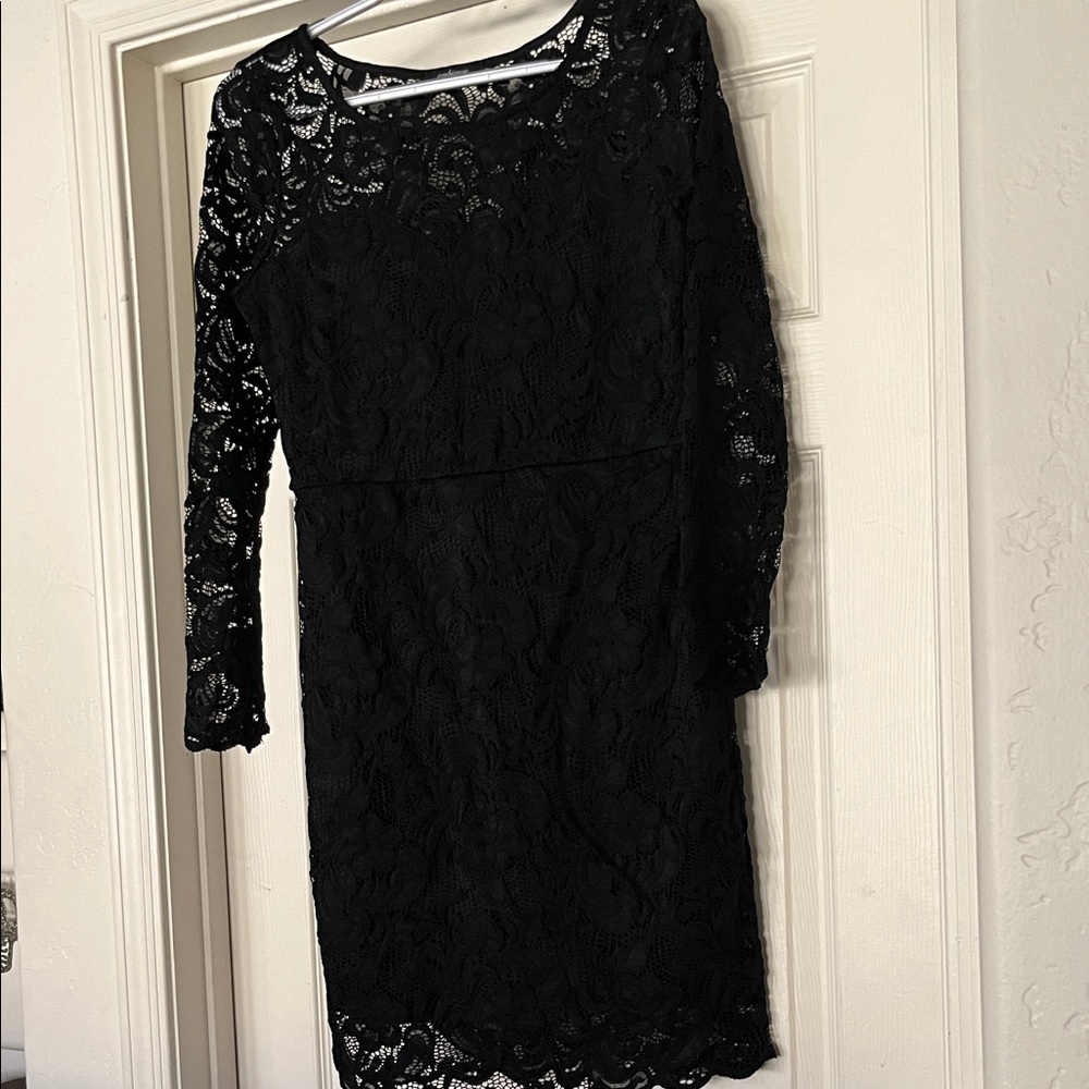 Ambiance Holiday Formal Bodycon Black Long Sleeve Sheer Lace Lined Dress Large